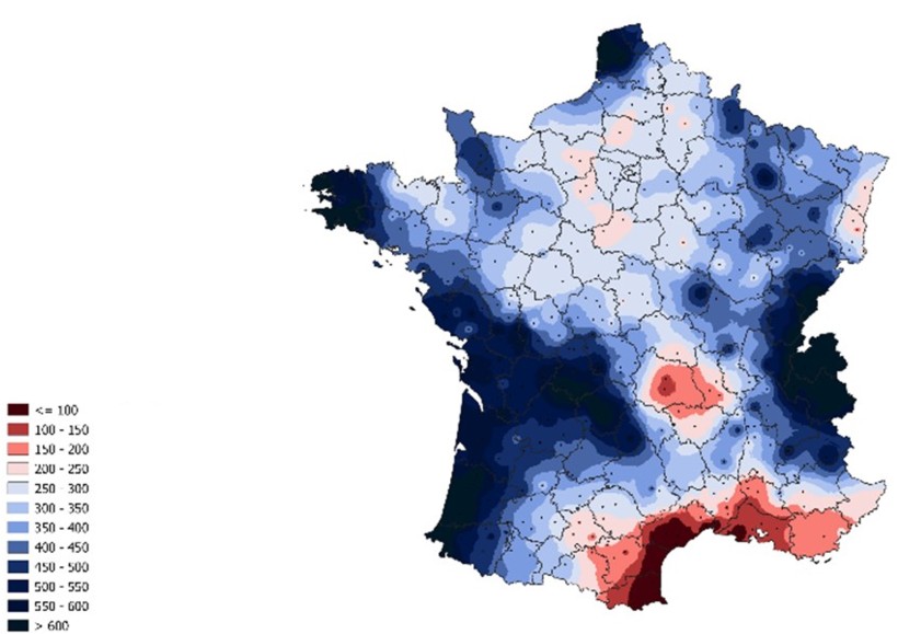 carte 2 Cumul de pluies enregistré entre le 1er octobre 2023 et le 10 janvier 2024 (données Météo-France)