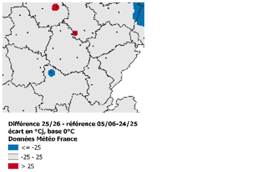 Carte 2 : Cumuls de température en 2025-2026, écarts à la normale saisonnière sur 20 ans (en °C jours) du 01/10/25 au 20/01/26 - Données Météo France