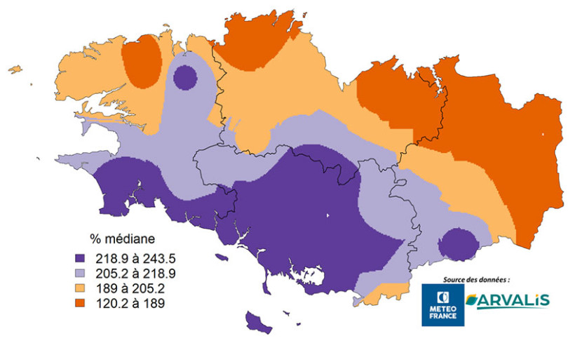 Carte 2 : Somme de pluies entre le 1er et 31 janvier en écart à la médiane 20 ans en %