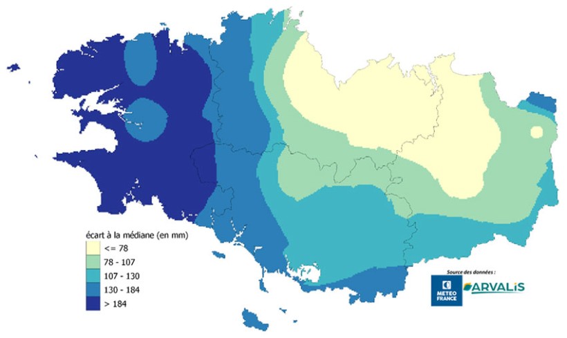 Carte 2 : Ecart de précipitations par rapport à la médiane (2000 – 2023)