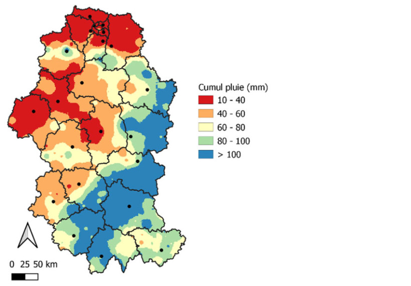 Carte 2 : Cumul de pluie en août 2025
