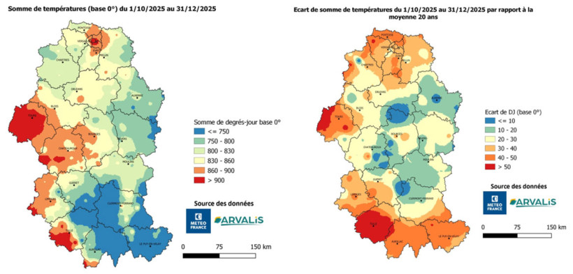 Cartes 3 et 4 : Somme de températures du 1er octobre au 31 décembre 2025 et écarts par rapport à la moyenne sur 20 ans