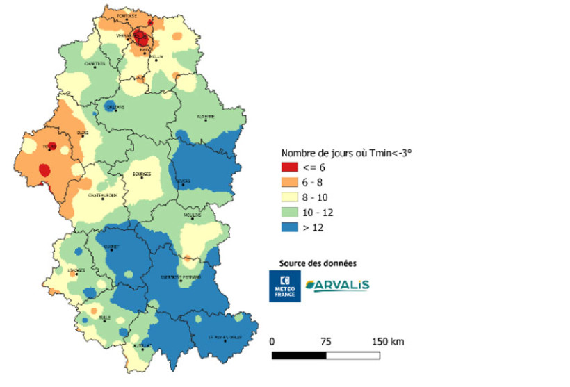 Carte 2 : Occurrence des jours de froid (Tmin < -3°C) du 15 décembre 2025 au 15 janvier 2026