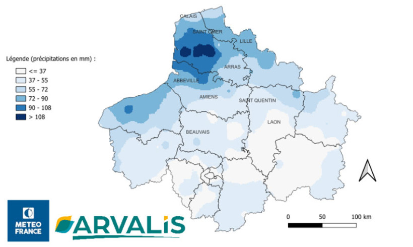 Carte 2 : Cumuls de pluie (mm) du 15/11/2025 au 05/12/2025 en Hauts-de-France