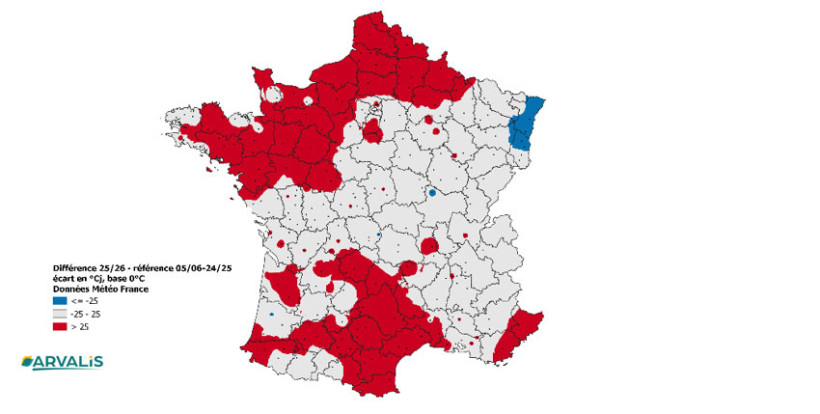 Carte 2 : Cumul de températures du 1er octobre 2025 au 20 janvier 2026 – écart à la moyenne saisonnière