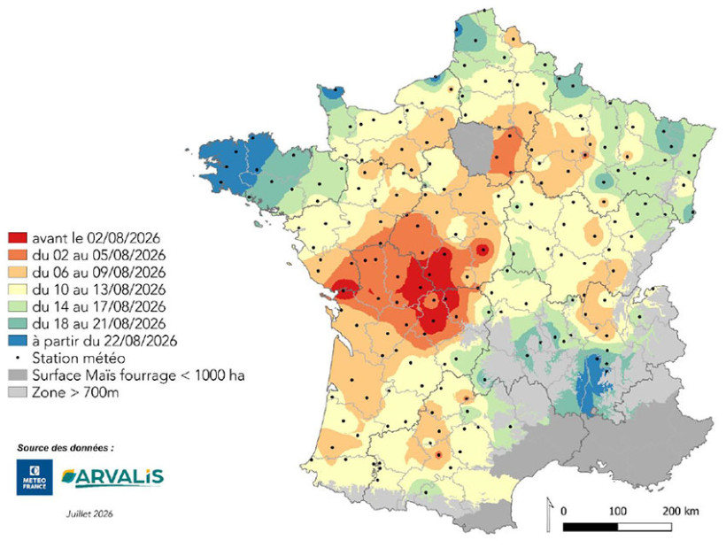 Carte 2 : Dates prévisionnelles d’atteinte du stade 32 % MS plante entière en 2026