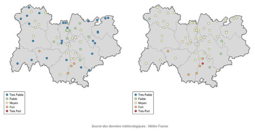 Cartes 3 et 4 : Evaluation du risque pucerons (à gauche) et écart à la médiane (2012-2024) (à droite) pour un semis du 15 octobre 2025 – données météo acquises jusqu’au 1er décembre 2025