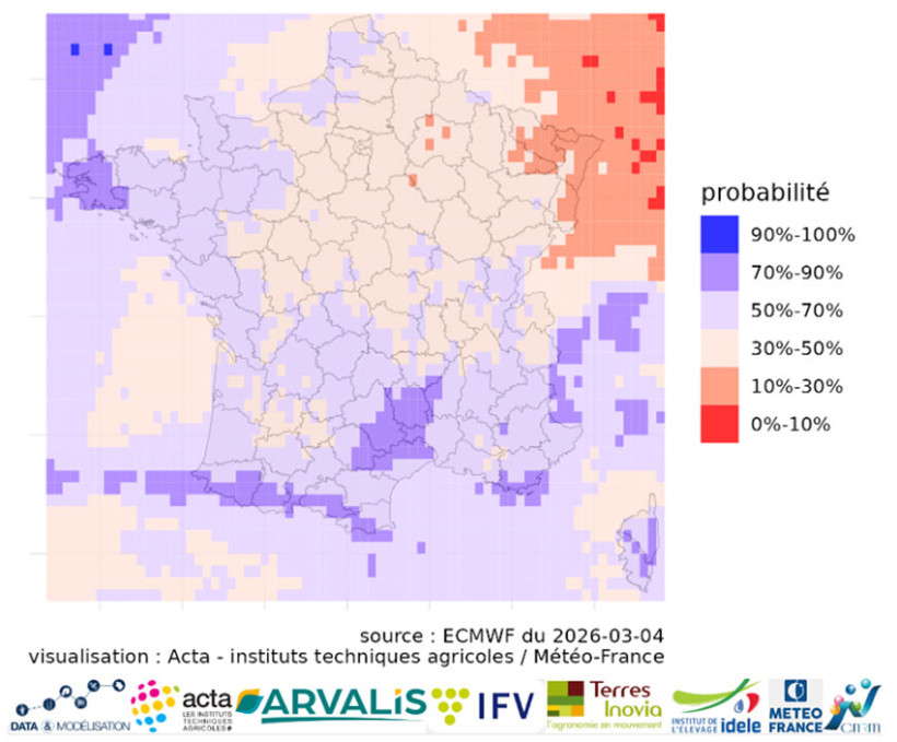 Carte 2 : Probabilité d’atteindre un cumul de précipitations supérieur ou égal à 15 mm du 12 au 18 mars (attention, les prévisions météo à 7-10 jours sont toujours moins précises et fiables)