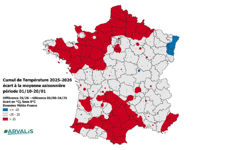 Carte 3 : Ecart à la moyenne des cumuls de températures par rapport à la référence 2005-2025 sur la période du 01/10/2025 au 20/01/2026