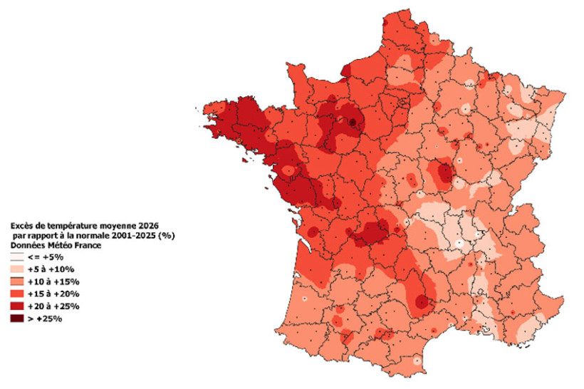 Carte 3 : Anomalie de températures du 1er mars au 30 avril 2026