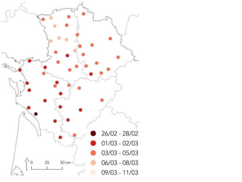 Carte 3 : Date d’atteinte du stade épi 1 cm pour LG Absalon semé au 15/10