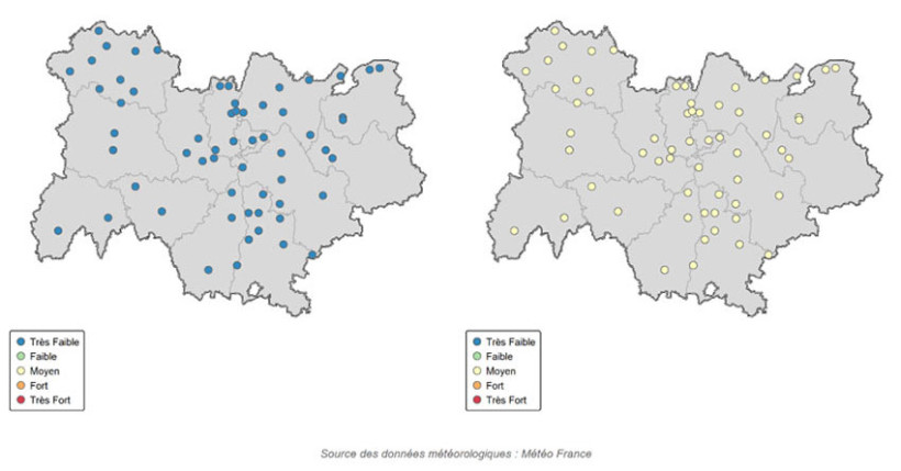 Cartes 5 et 6 : Evaluation du risque pucerons (à gauche) et écart à la médiane (2012-2024) (à droite) pour un semis du 5 novembre 2025 – données météo acquises jusqu’au 1er décembre 2025