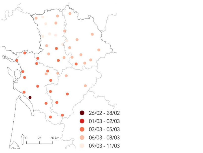 Carte 4 : Date d’atteinte du stade épi 1 cm pour Celebrity semé au 10/11