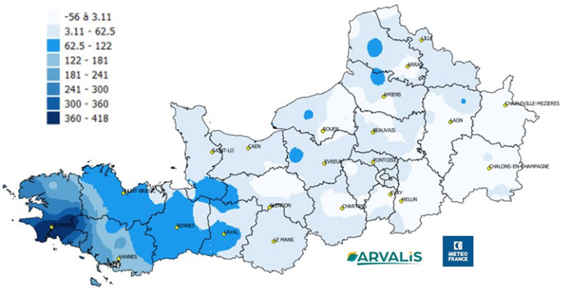 Carte 1 : Ecart de pluviométrie par rapport à la moyenne des 20 dernières années entre le 15 octobre 2025 et le 15 mars 2026