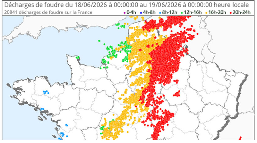Carte 1 : Décharges de foudre du 18 au 19 juin 2026