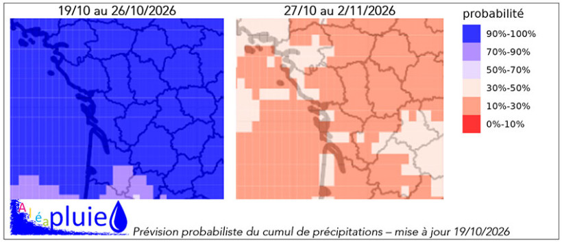 Cartes 1 et 2 : Probabilité de somme de pluies >= 20 mm sur deux prochaines semaines 