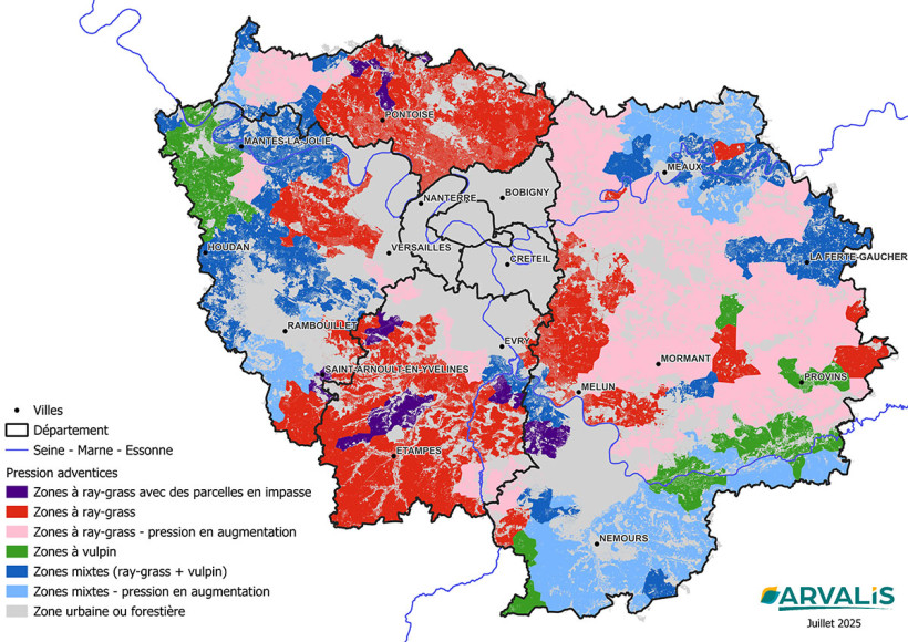 Carte 1 : Nature et niveau de pression des graminées adventices en Île-de-France en 2025