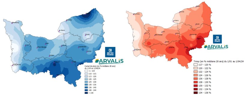Cartes 1 et 2 : Pluviométrie et température (en % de la médiane 20 ans) du 1er octobre 2023 au 1er avril 2024