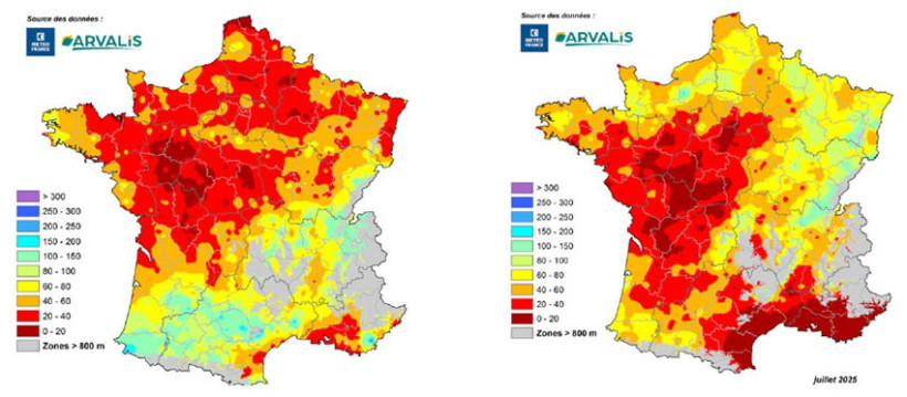 Cartes 1 et 2 : Cumul de pluies entre le 1er et le 31 mai (à gauche) et entre le 1er et le 30 juin 2025 (à droite)