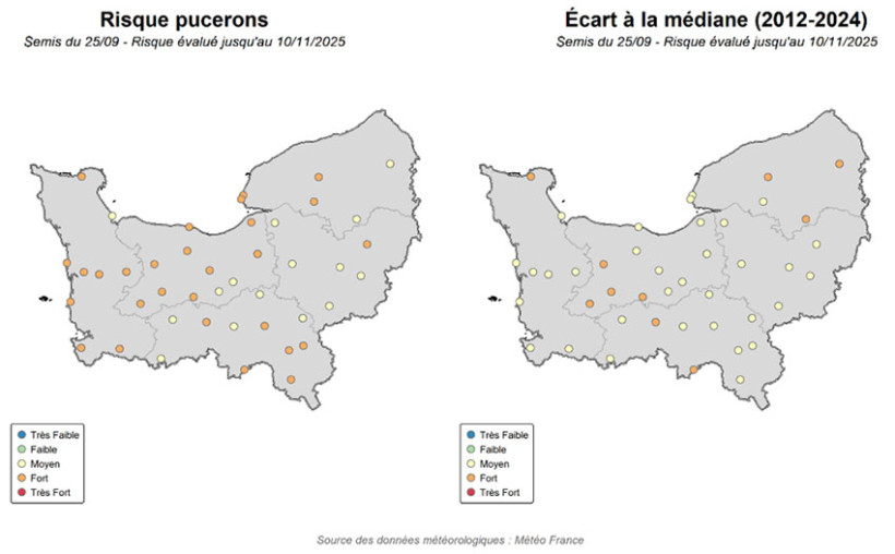 Cartes 1 et 2 : Evaluation du risque pucerons (à droite) et écart à la médiane (2012-2024) (à gauche) – exemple de prédiction pour un semis du 25 septembre 2025 – données jusqu’au 10 novembre 2025