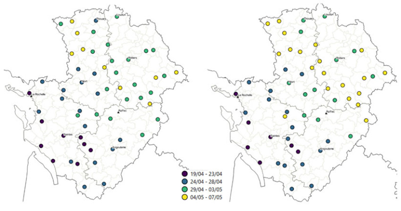 Cartes 1 &2 : Dates d’atteinte du stade épiaison pour la variété LG Absalon semé au 15/10/2025 (à gauche) et pour la variété Celebrity semé au 10/11/2025 (à droite)