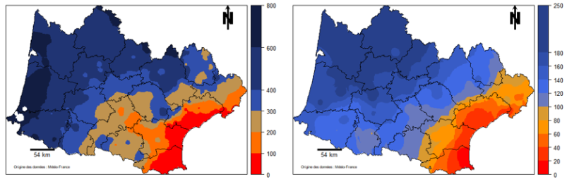 Cartes 1 et 2 : Cumul des pluies en mm (à droite) et écart à la pluie médiane en % (à gauche) du 1er octobre 2023 au 7 janvier 2024