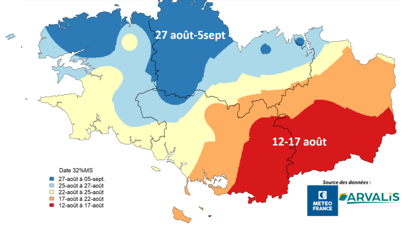 Carte 1 : Dates prévisionnelles à 32% MS pour des semis du 23 avril - variété précoce S1
