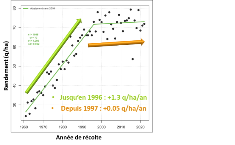 Figure 1 : Evolution du rendement depuis 1960 en France - Exemple du blé tendre, même tendance pour les autres céréales à paille – Source Agreste