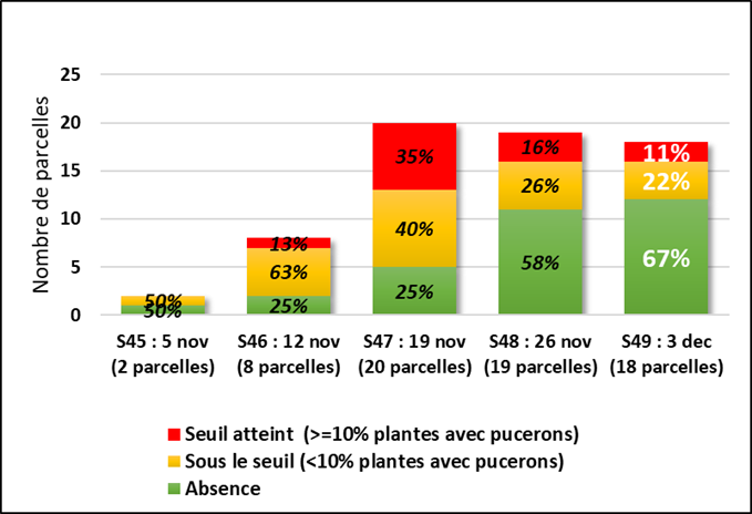 Figure 2 : Proportion de parcelles de blé tendre avec présence de pucerons et seuil atteint ou non - source : BSV bretagne