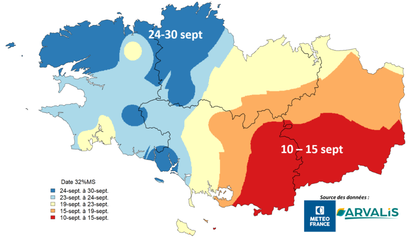 Carte 2 : Dates prévisionnelles à 32% MS pour des semis du 25 mai - variété précoce S1