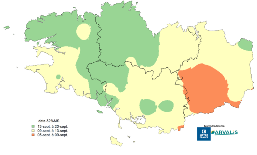 Carte 1 : Prévision de la date d’ensilage 32 % MS pour des maïs de gabarit classique pour un cas-type breton : maïs précoce S1 (250-280) semé au 1 mai 