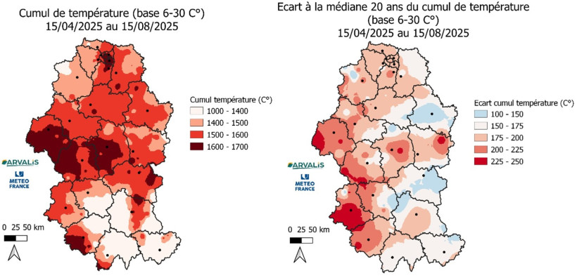 Cartes 1 et 2 : Cumul de températures et écart à la médiane, sur le secteur, du 15 avril au 15 août, base 6-30°C