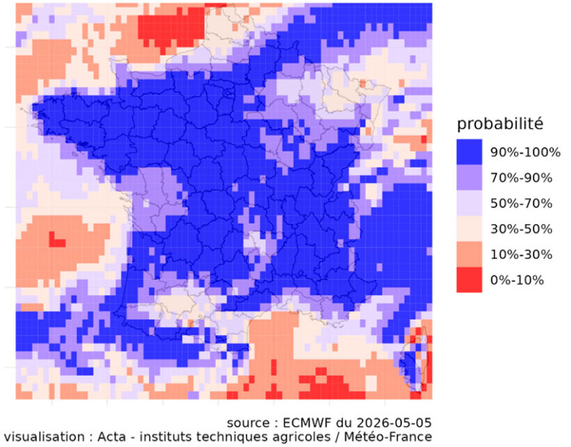 Carte 2 : Probabilité que la somme des pluies soient supérieures ou égales à 20 mm sur 7 jours – Période du 5 au 12 mai 2026