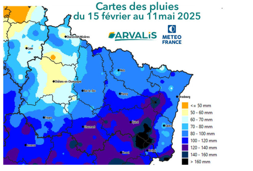 Figure 1 : Pluviométrie enregistrée dans le quart Nord-Est entre mi-février et mi-mai 