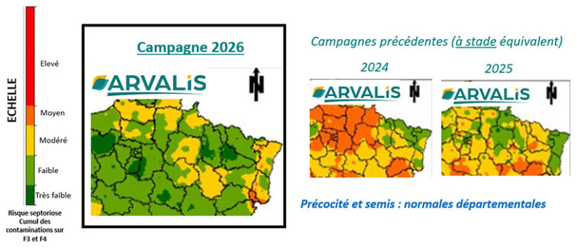 Figure 1 : Risque septoriose à 2 nœuds + 7 jours estimé par le modèle Septo-LIS® (cumul des contaminations sur F3 et F4) pour une variété Sensible (5) à la septoriose