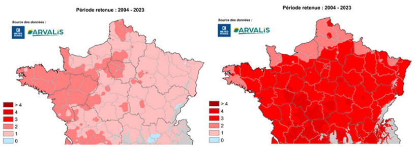 Cartes 1 et 2 : Températures en mai et juin 2025 - Ecart à la moyenne sur 20 ans