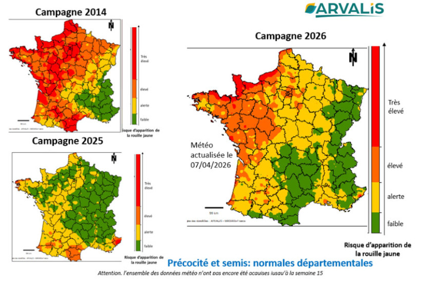 Cartes 1 à 3 : Risque rouille jaune estimé par le modèle Crusty du 13 avril au 19 avril, pour une variété sensible (4) à la rouille jaune 