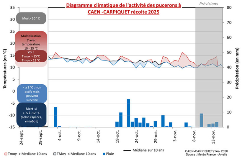 Figure 1 : Données météo ARVALIS – Météo France – Station de Caen (14) – fin des prévisions au 14 novembre 2025