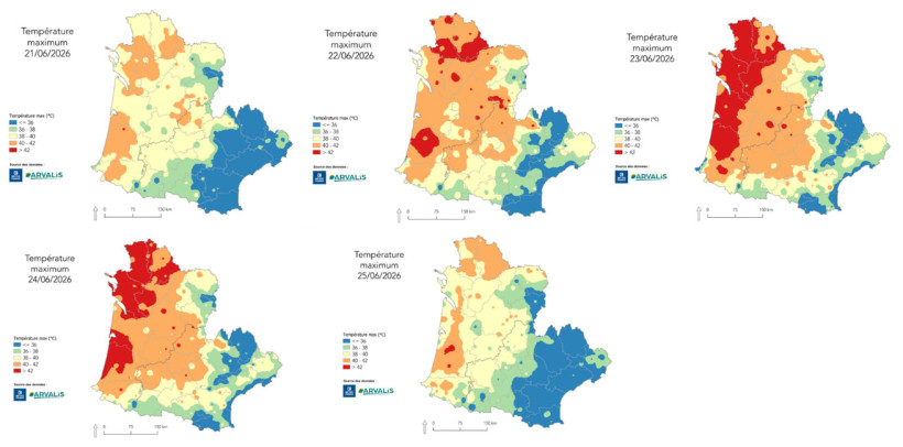Figure 1 : Températures maximales (en °C) enregistrées entre le 21 et le 25 juin 2026