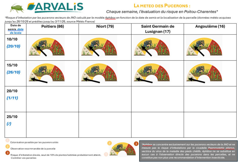 Figure 1 : Risque d’infestation par les pucerons vecteurs de JNO calculé par le modèle Aphibox en fonction de la date de semis et la localisation de la parcelle (données météo acquises jusqu’au 26/10/26 et prédites jusqu’au 3/11/26, source Météo France)