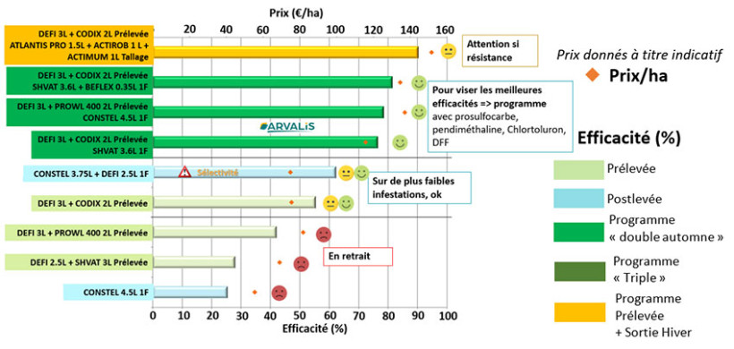 Figure 1 : Résultats des efficacités herbicides sur blé tendre d’hiver – cible vulpins - modalités testées en prélevée, postlevée, programme « double automne » et programme « triple » - Synthèse des essais nationaux ARVALIS en 2024/2025