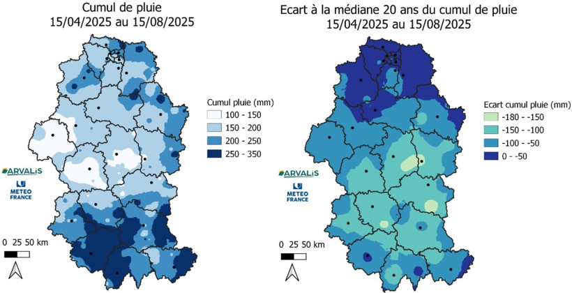Cartes 3 et 4 : Cumul de pluviometrie et écart à la médiane, sur la région, du 15 avril au 15 août