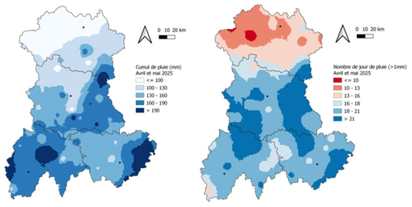 Figure 2 : Répartition des cumuls de pluies et du nombre de jours de pluie, entre avril et mai 2025, en Auvergne