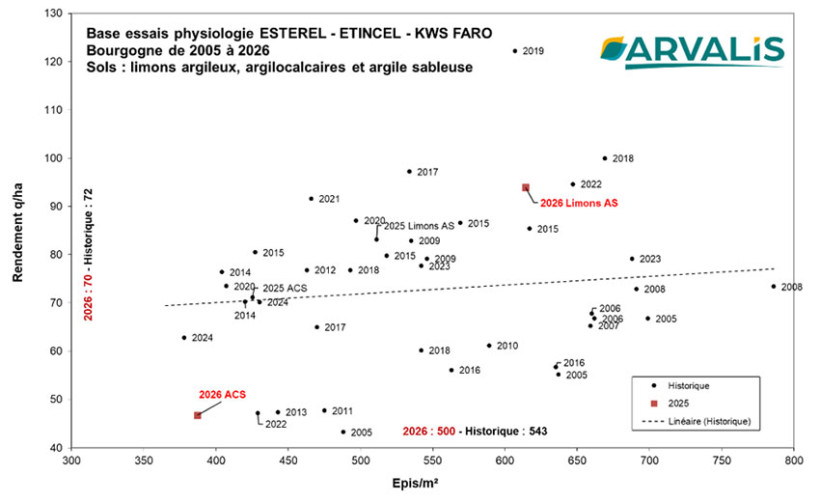 Figure 2 : Rendements des orges d'hiver en fonction du nombre d'épis par m² dans les essais physiologie d'ARVALIS en Bourgogne de 2005 à 2026 sur les variétés Estérel, Etincel puis KWS Faro depuis 2022 sur sols limons argileux, argilocalcaire et argile sableuse