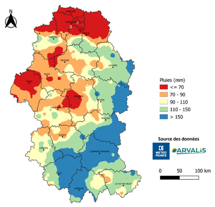Carte 3 : Cumul de pluviométrie entre le 1er août et le 15 septembre 2025