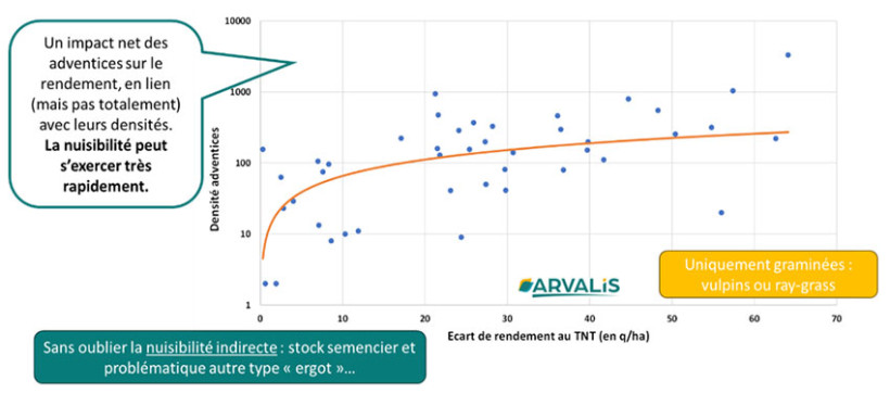 Figure 2 : Ecart de rendement au TNT pour la modalité la plus efficace) en fonction de la densité d’adventices 43 comparaison de 2009 à 2021)