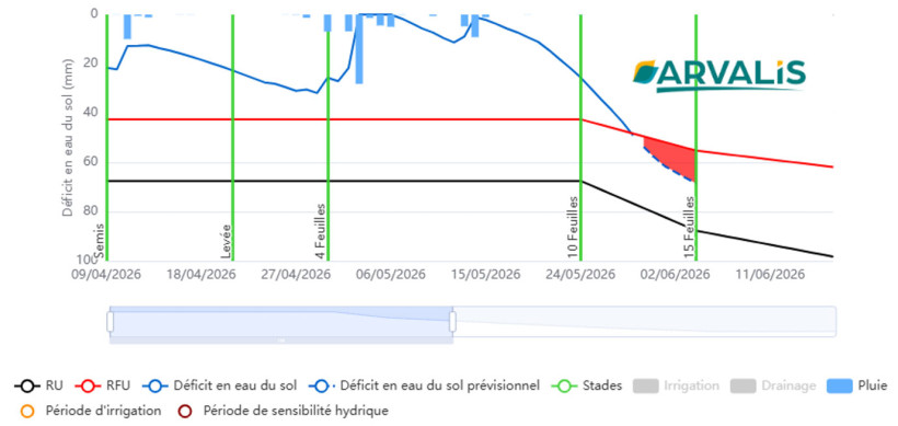 Figure 2 : Bilan hydrique pour une parcelle de maïs à Saint Agne (24), semis du 04/04, en alluvions limono-sableuses