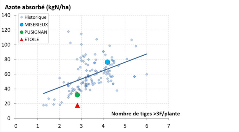 Figure 2 : Nombre de tiges de plus de 3 feuilles par plante et azote absorbé à épi 1 cm – observatoire ARVALIS 2026