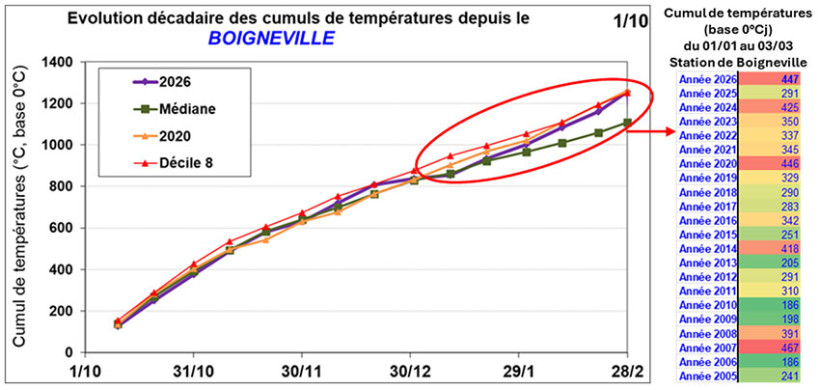 Figure 2 : Evolution des cumuls de températures entre le 1er octobre et le 3 mars – Station météo de Boigneville (91)