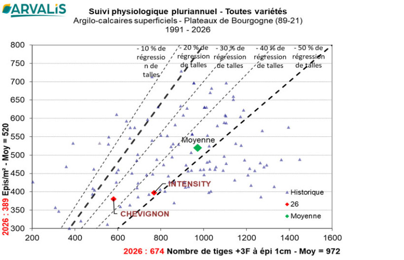 Figure 3. Nombre d'épis par m² en fonction du nombre de tiges à + 3F à épi 1cm traduisant un % de régression de talles dans les essais physiologie pluriannuel en en argilo-calcaire superficiel